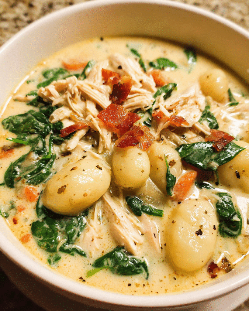 Creamy bowl of Chicken Bacon Gnocchi Soup with spinach