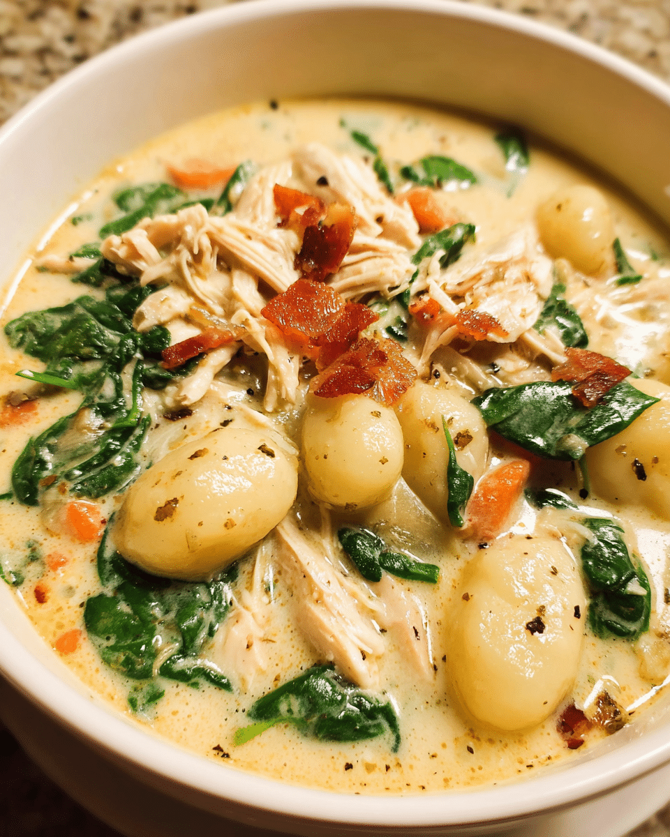 Creamy bowl of Chicken Bacon Gnocchi Soup with spinach