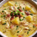 Creamy Chicken Bacon Potato Soup in a bowl with green onions