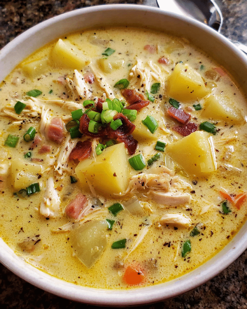 Creamy Chicken Bacon Potato Soup in a bowl with green onions