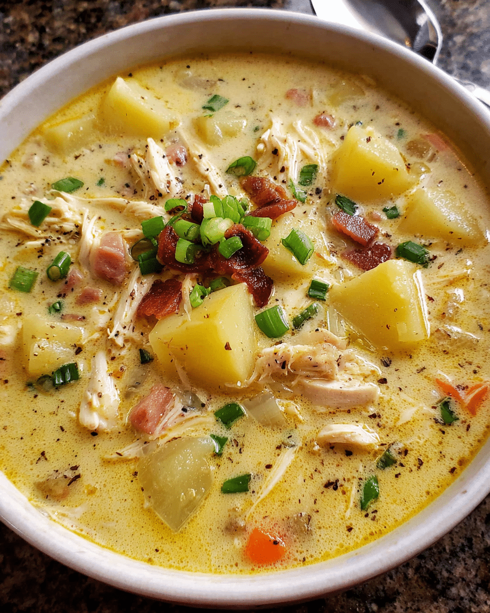 Creamy Chicken Bacon Potato Soup in a bowl with green onions