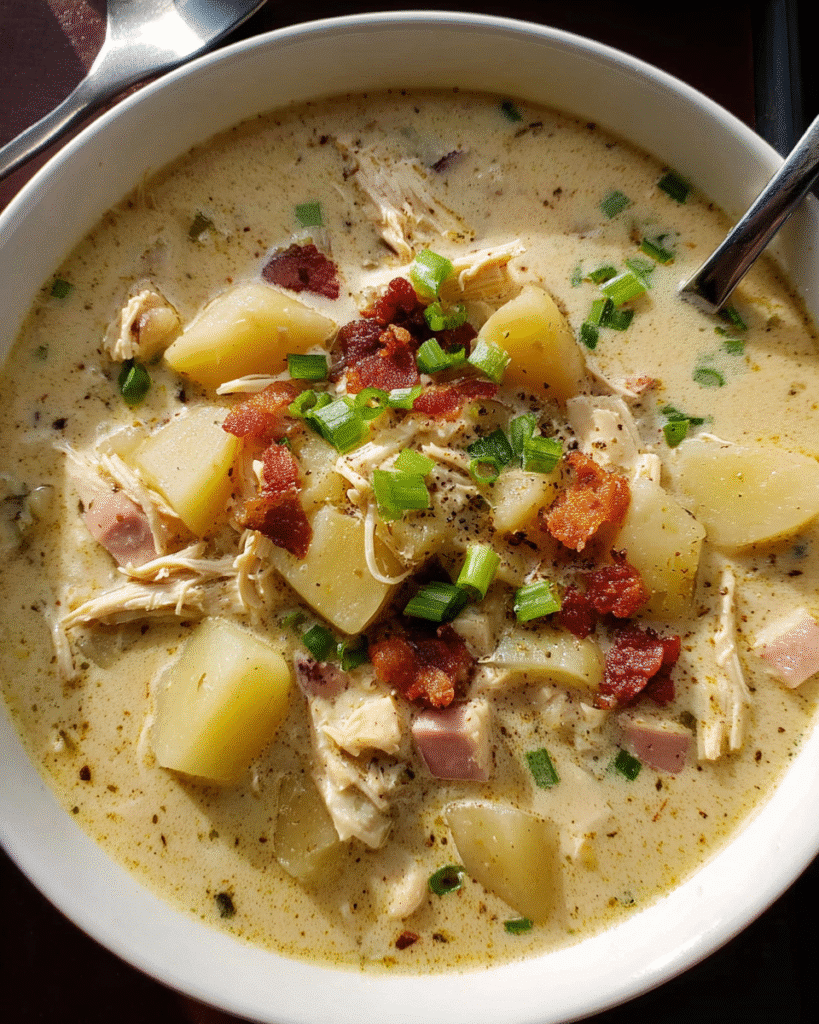 Creamy Chicken Bacon Potato Soup in a bowl with green onions