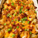 Chicken bacon ranch potato casserole baked with cheddar and turkey bacon