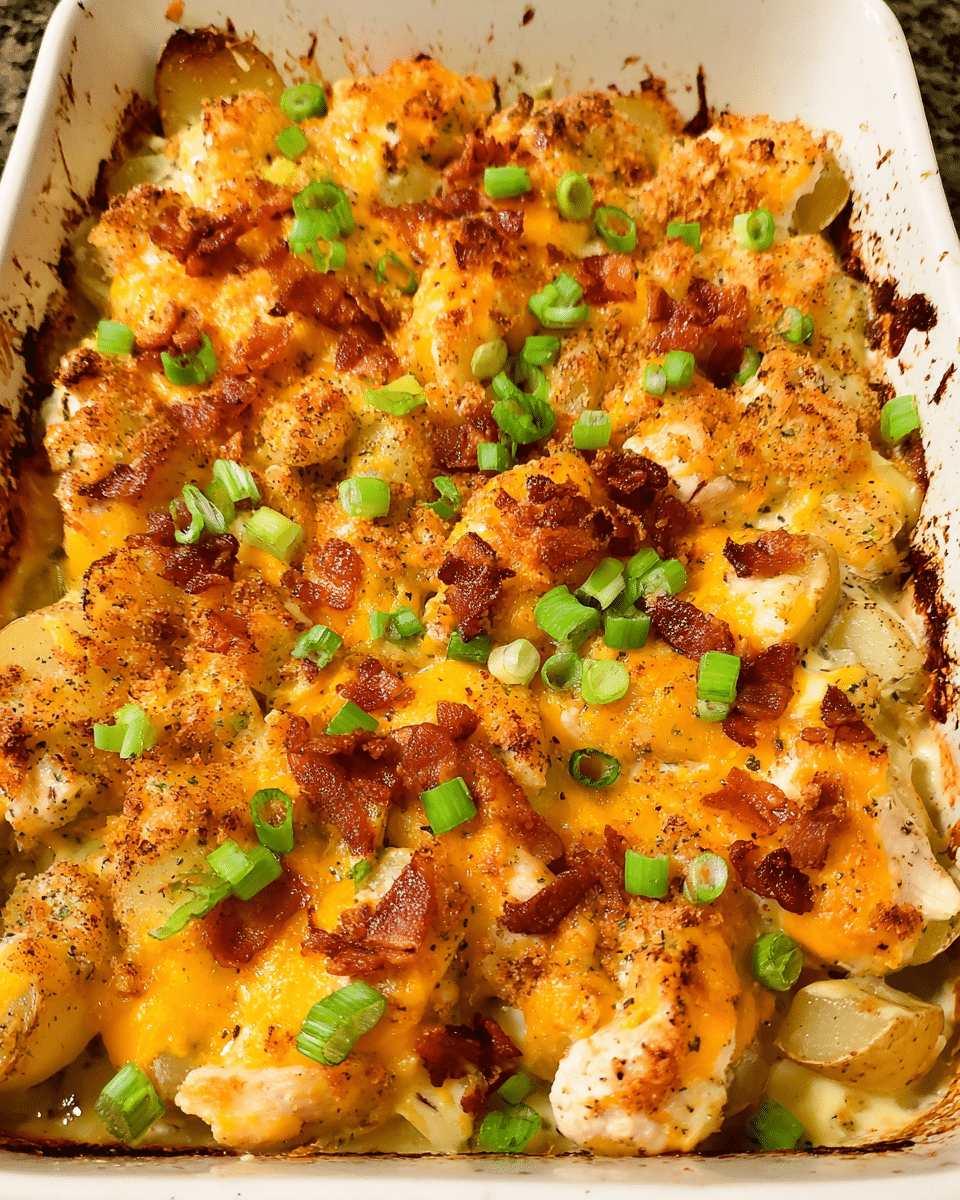 Chicken bacon ranch potato casserole baked with cheddar and turkey bacon