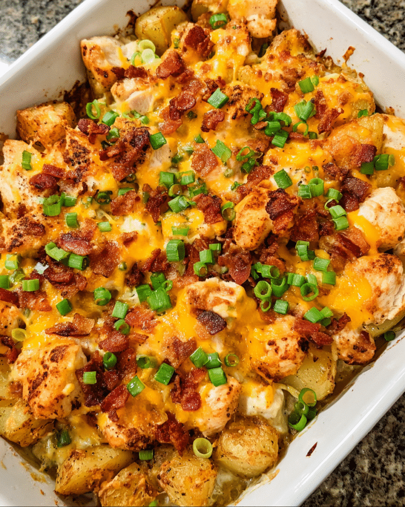 Chicken bacon ranch potato casserole baked with cheddar and turkey bacon