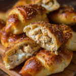 Golden baked chicken bacon ranch stuffed pretzels on tray
