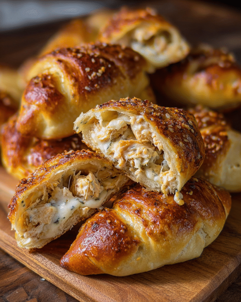 Golden baked chicken bacon ranch stuffed pretzels on tray