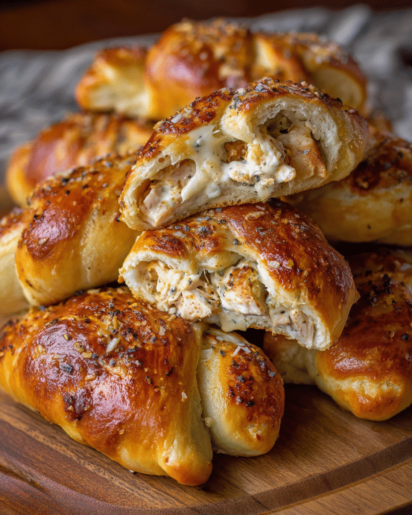 Golden baked chicken bacon ranch stuffed pretzels on tray