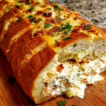 Sliced chicken bacon ranch stuffed bread with melted cheese and turkey bacon