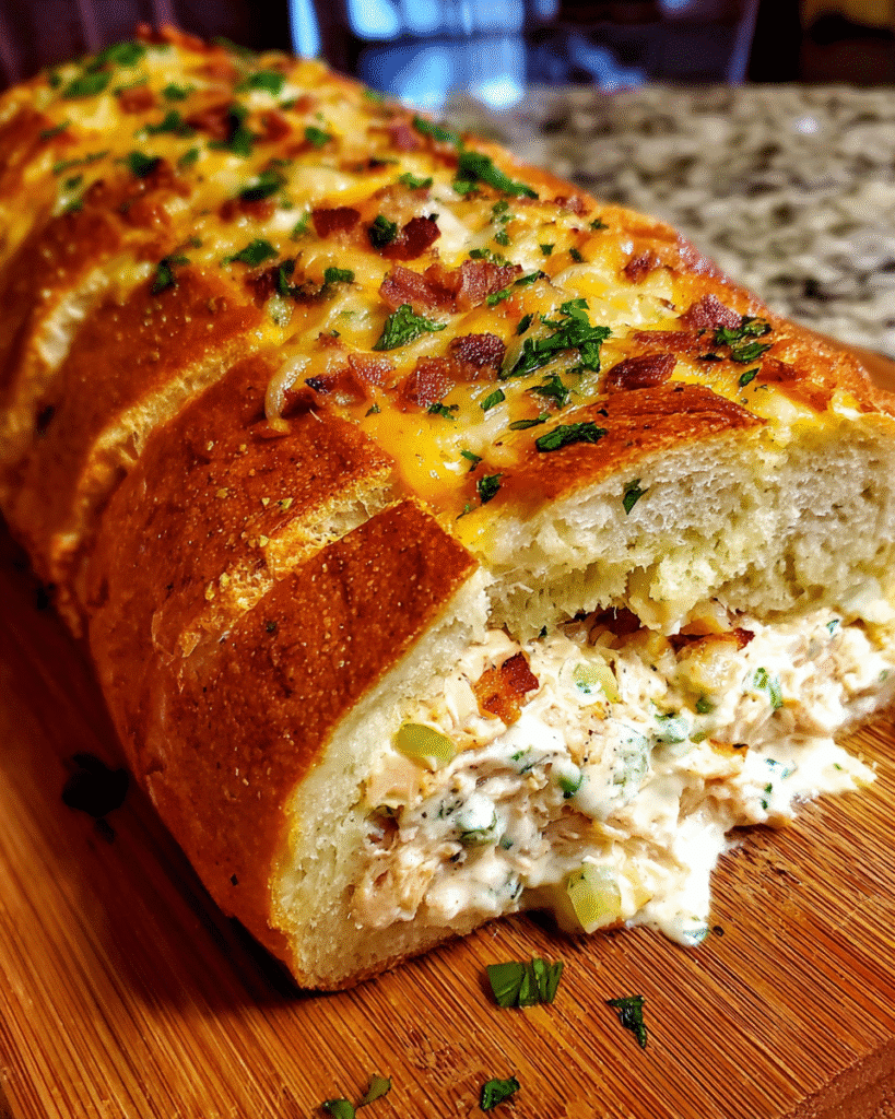 Sliced chicken bacon ranch stuffed bread with melted cheese and turkey bacon