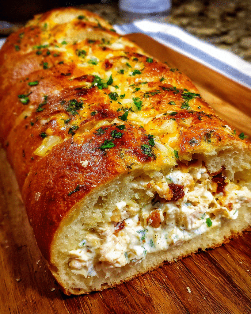 Sliced chicken bacon ranch stuffed bread with melted cheese and turkey bacon