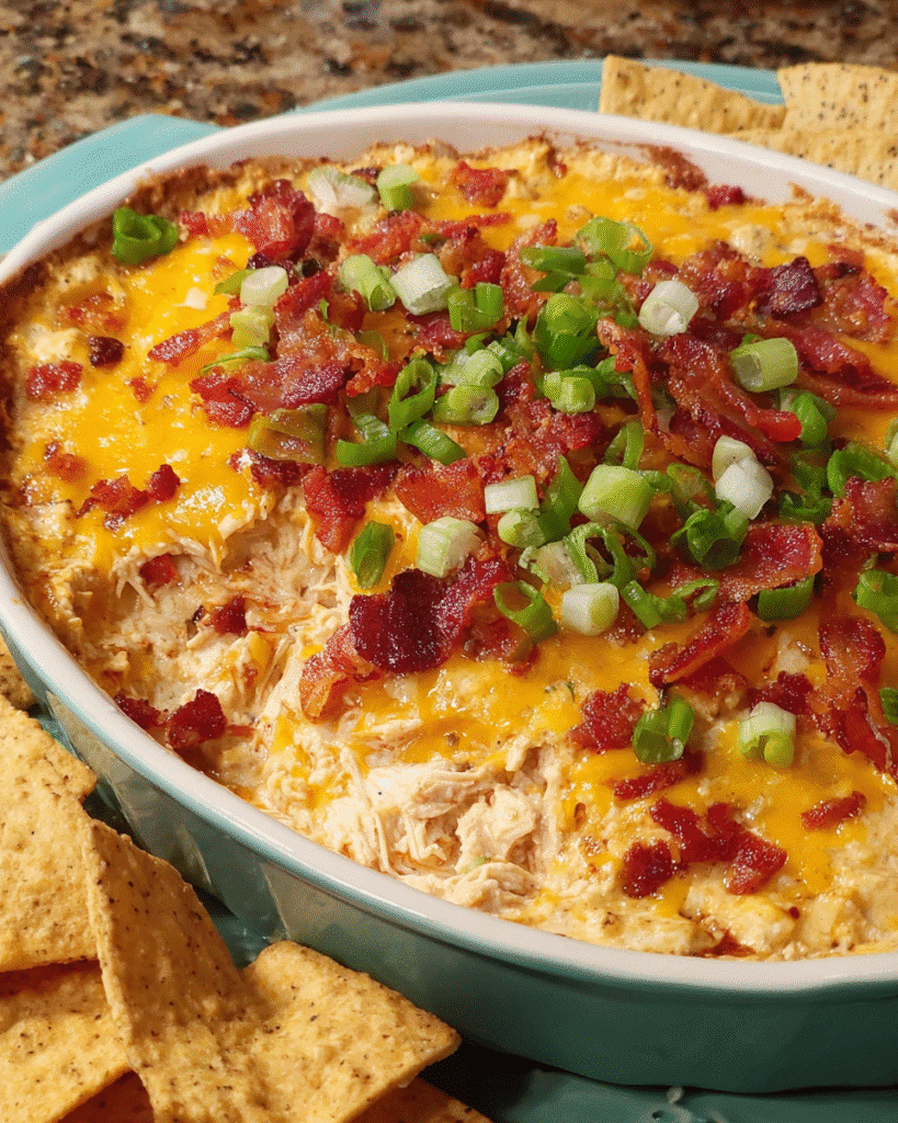 Chicken Bacon Ranch Warm Dip baked with cheddar and turkey bacon