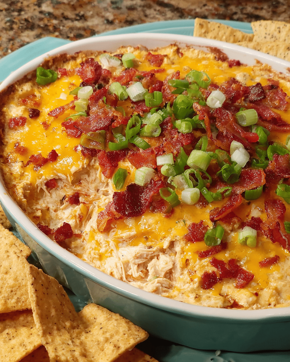 Chicken Bacon Ranch Warm Dip baked with cheddar and turkey bacon