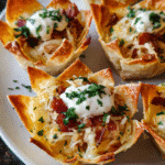 Chicken Bacon Ranch Wonton Cups baked golden in muffin tin