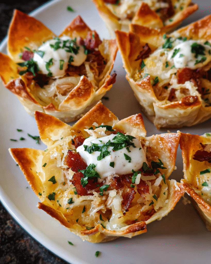 Chicken Bacon Ranch Wonton Cups baked golden in muffin tin