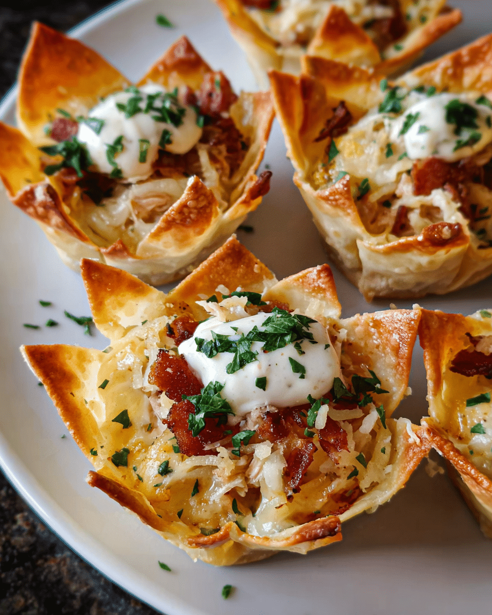 Chicken Bacon Ranch Wonton Cups baked golden in muffin tin