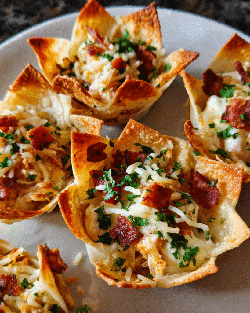 Chicken Bacon Ranch Wonton Cups baked golden in muffin tin