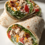 Chicken Bacon Ranch Wrap sliced in half with visible chicken, turkey bacon, cheddar, lettuce, and ranch