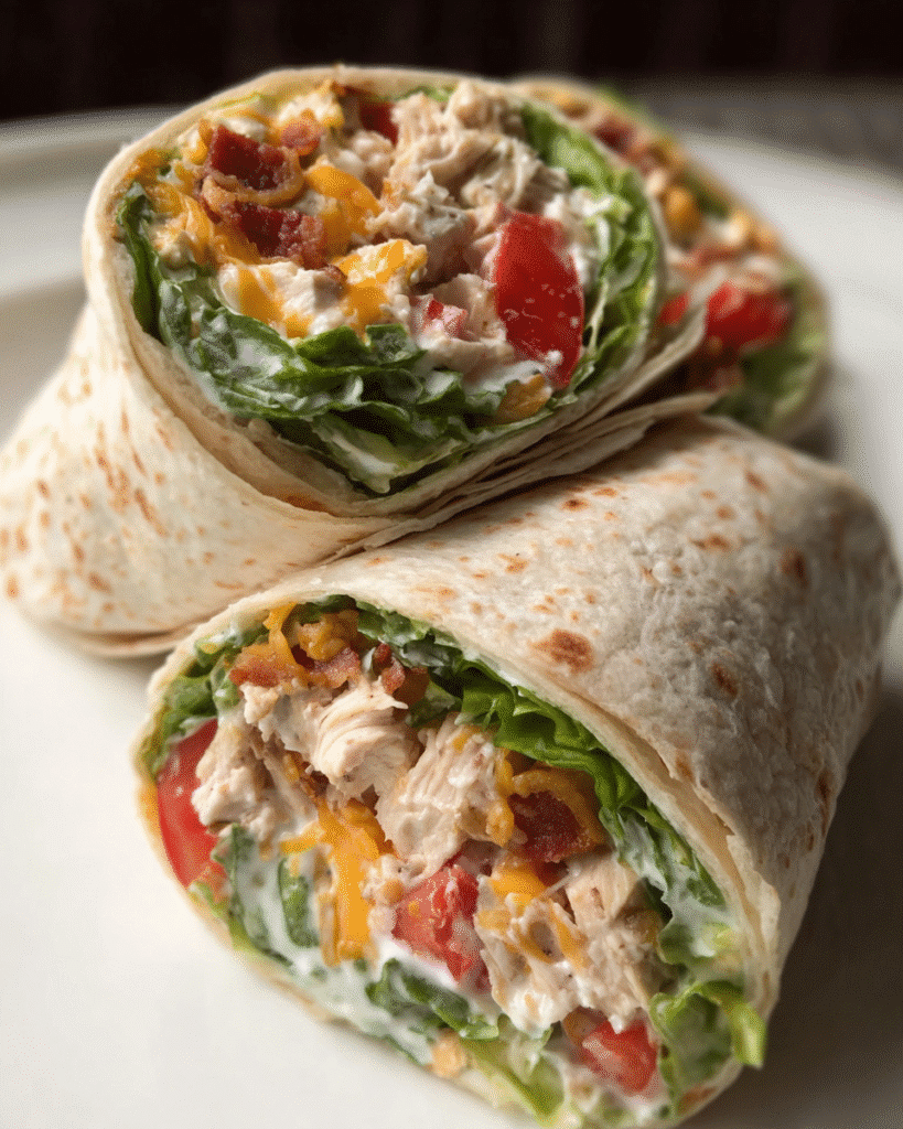 Chicken Bacon Ranch Wrap sliced in half with visible chicken, turkey bacon, cheddar, lettuce, and ranch