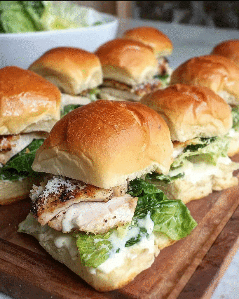 Chicken Caesar Sliders with grilled chicken and Parmesan crisp