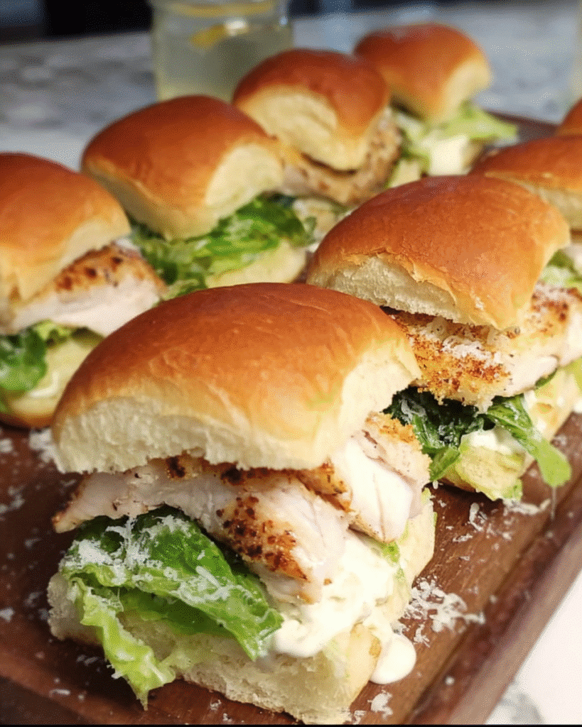 Chicken Caesar Sliders with grilled chicken and Parmesan crisp