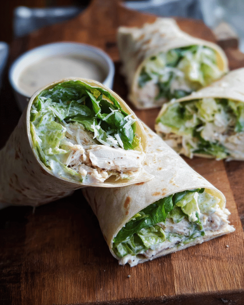 Chicken Caesar Wrap sliced in half with romaine and Parmesan