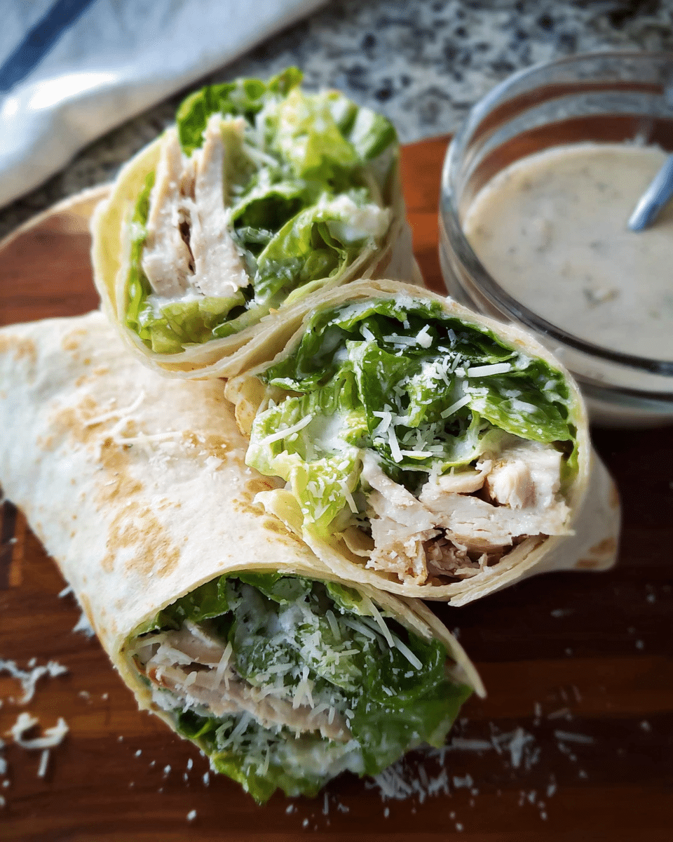 Chicken Caesar Wrap sliced in half with romaine and Parmesan