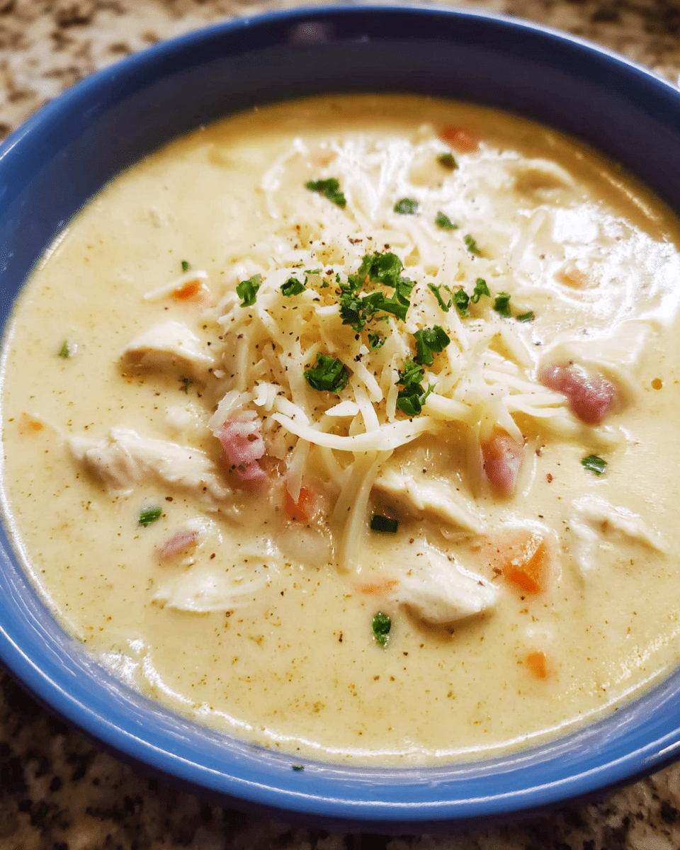 Creamy Chicken Cordon Bleu Soup in white bowl
