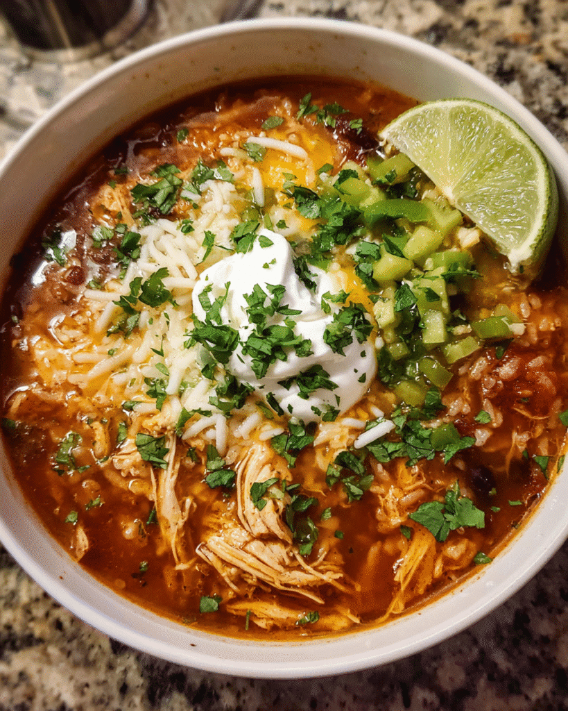 Bowl of Chicken Enchilada Rice Soup with toppings