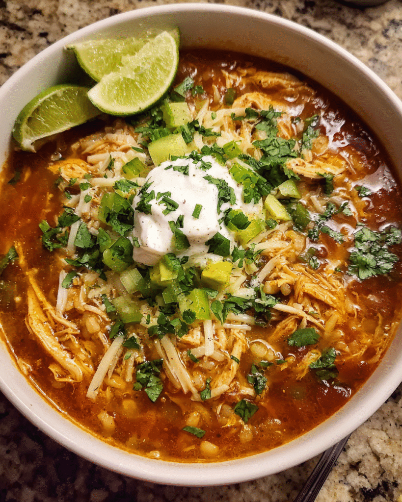 Bowl of Chicken Enchilada Rice Soup with toppings