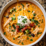Bowl of creamy chicken enchilada soup with toppings