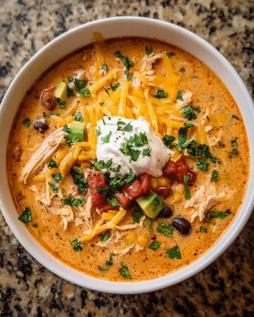 Bowl of creamy chicken enchilada soup with toppings