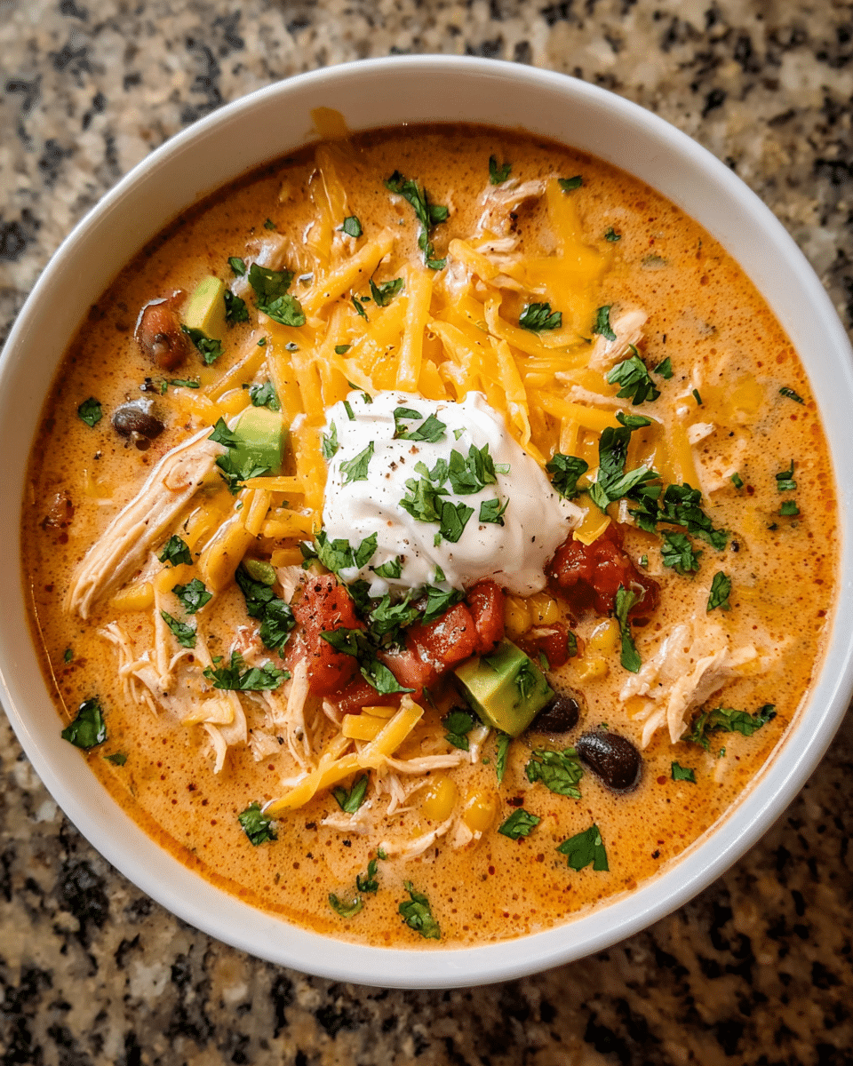 Bowl of creamy chicken enchilada soup with toppings