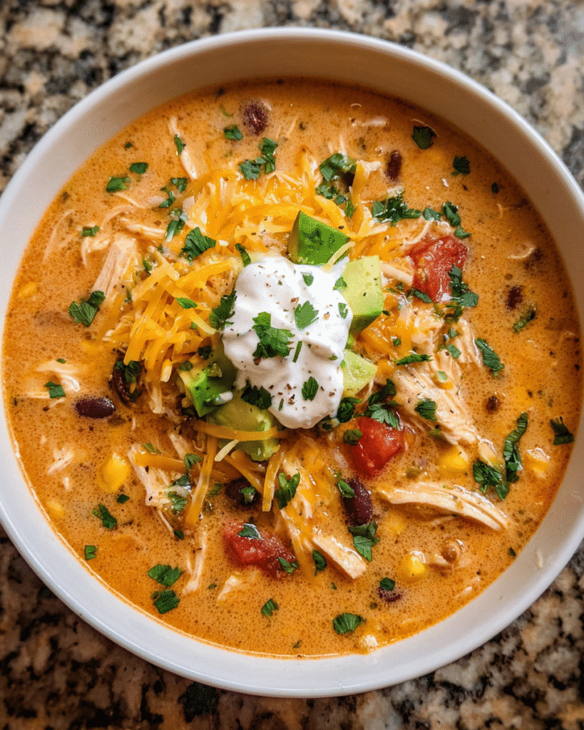 Bowl of creamy chicken enchilada soup with toppings