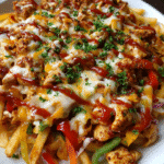 Crispy chicken loaded fries topped with mozzarella and bell peppers
