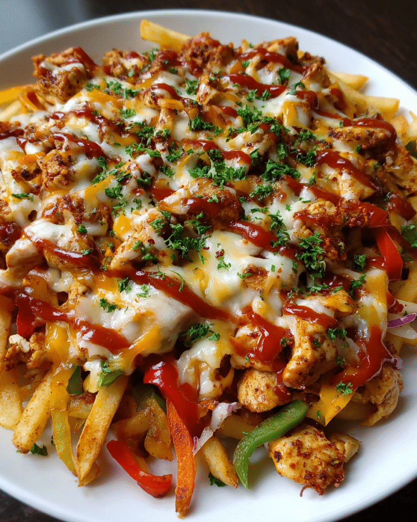 Crispy chicken loaded fries topped with mozzarella and bell peppers
