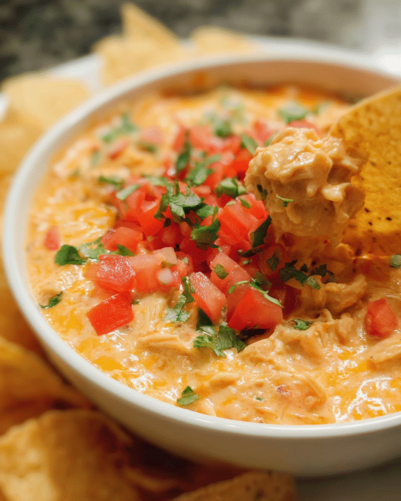 Creamy chicken nacho dip served warm with tortilla chips