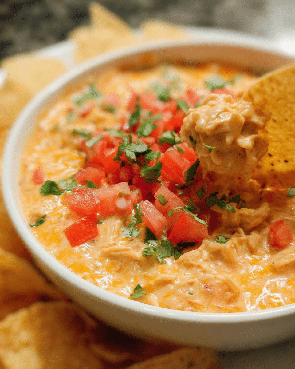 Creamy chicken nacho dip served warm with tortilla chips