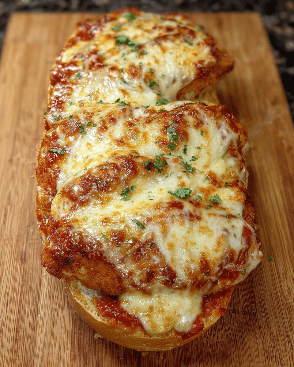 Chicken Parm Bread Boat sliced with crispy chicken and melted provolone