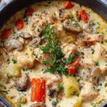 Chicken Parmesan Cream Stew with golden potatoes and creamy Parmesan broth in white bowl