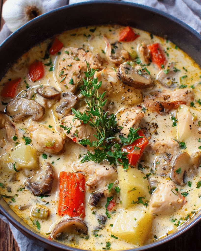 Chicken Parmesan Cream Stew with golden potatoes and creamy Parmesan broth in white bowl