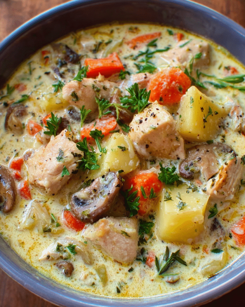 Chicken Parmesan Cream Stew with golden potatoes and creamy Parmesan broth in white bowl