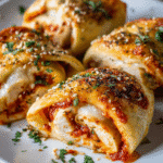 Golden baked Chicken Parmesan Pizza Rolls on parchment paper