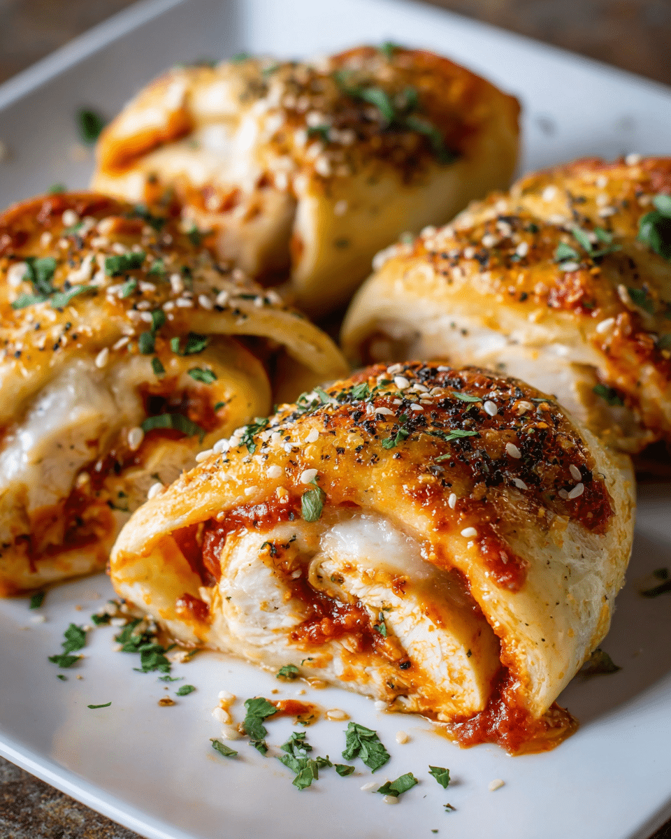 Golden baked Chicken Parmesan Pizza Rolls on parchment paper
