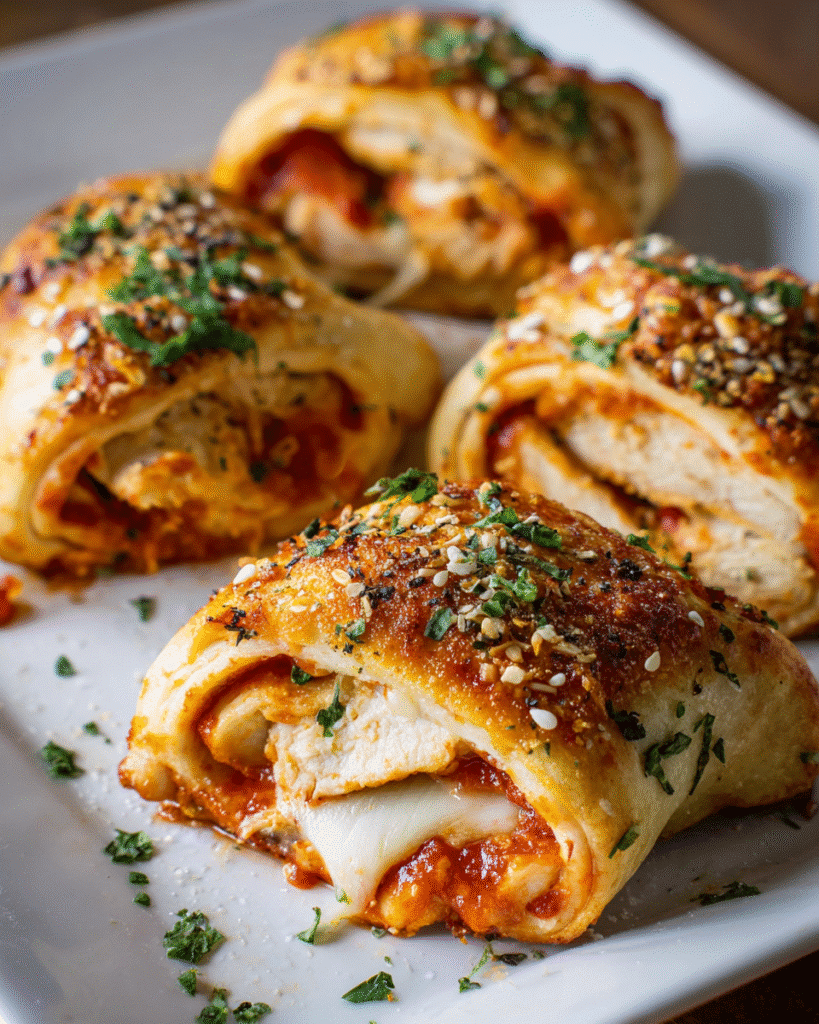 Golden baked Chicken Parmesan Pizza Rolls on parchment paper