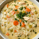 Bowl of Chicken Parmesan Rice Soup with shredded chicken and herbs