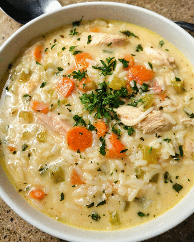 Bowl of Chicken Parmesan Rice Soup with shredded chicken and herbs