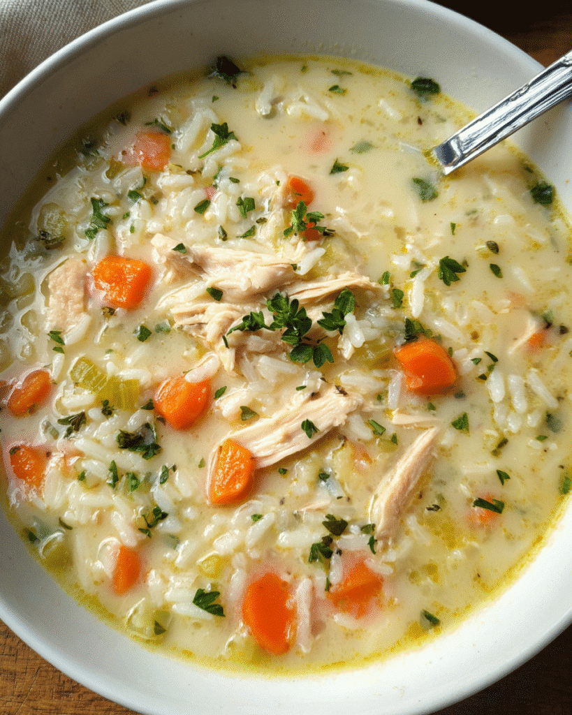 Bowl of Chicken Parmesan Rice Soup with shredded chicken and herbs
