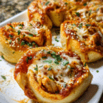 Golden baked chicken parmesan rolls with melted mozzarella and sesame seeds