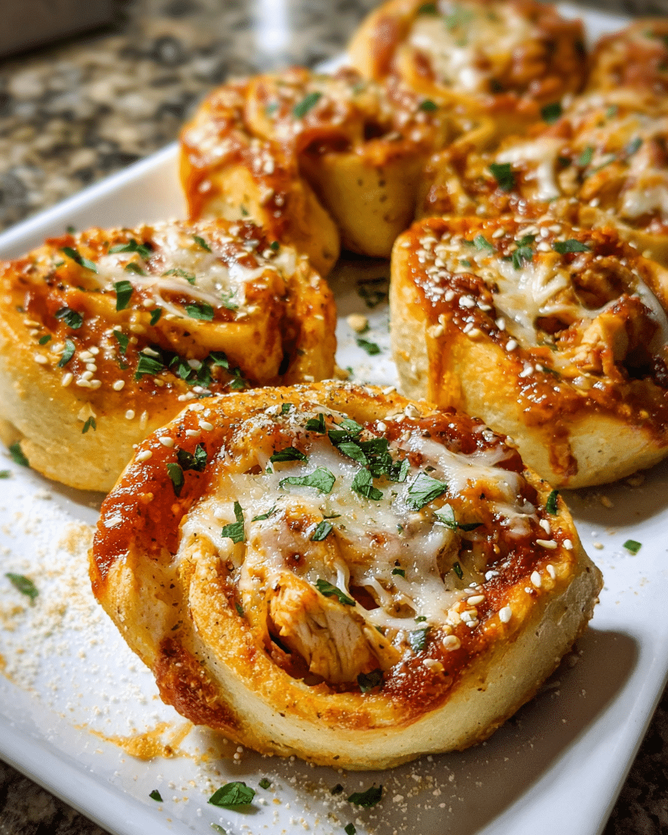 Golden baked chicken parmesan rolls with melted mozzarella and sesame seeds